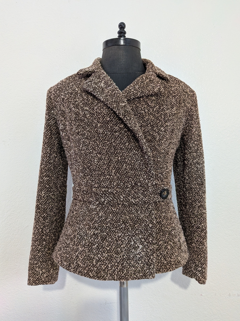 Vintage Bigio Collection Women's Brown Tweet Textured Wrap Blazer/Jacket Size 12